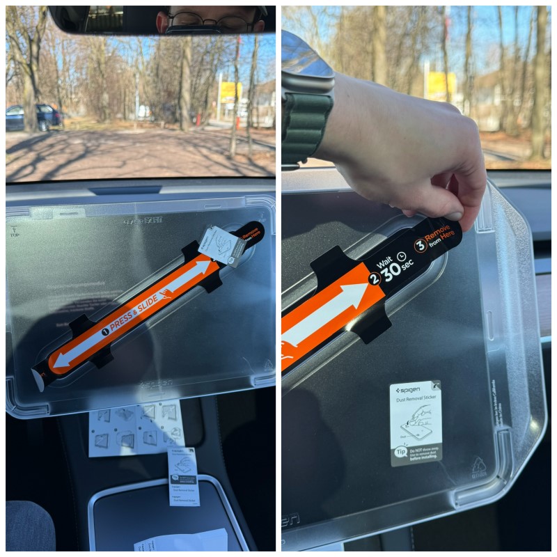Anbringung eines Panzerglases an einem Tesla Model Y Display.