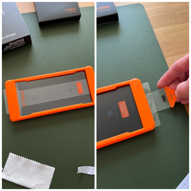 Darstellung der Staubfreien Montage eines Panzerglases von Torras am Galaxy S25.