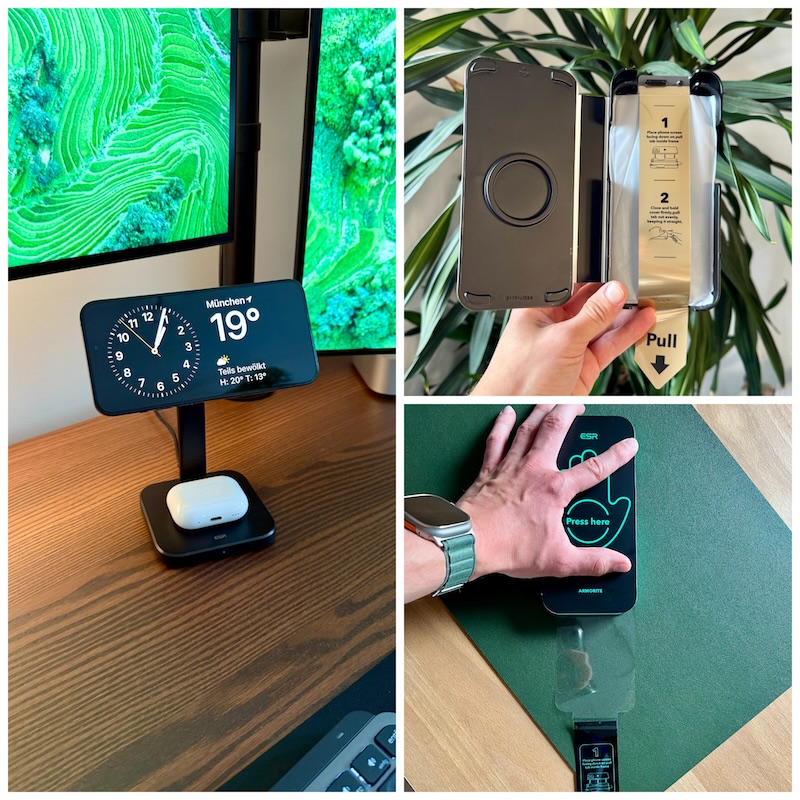 Am besten lässt sich die Schutzausstattung von ESR mit der 3-in-1-Ladestation kombinieren.