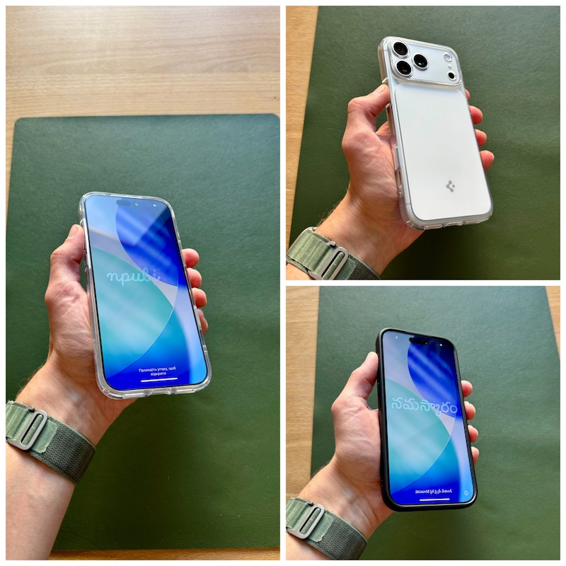 Aufzeigen der Kompatbilität der Spigen-Hüllen mit dem Panzerglas am iPhone 17 Pro.