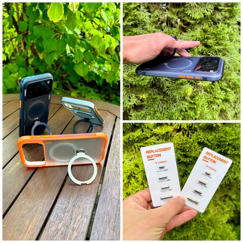 Präsentation der Standfunktion der Q3 Air Hülle am iPhone 17 pro max mit austauschbaren Buttons.