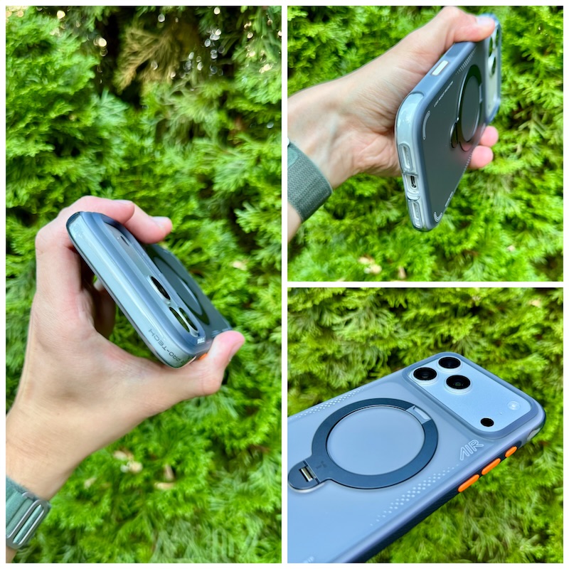 Q3 Air Hülle am iPhone 17 Pro Max mit ausgeklapptem Ständer und Powerbank