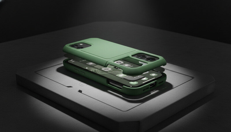 Querschnitt einer iPhone 13 Mini Huelle mit sichtbaren Schutzschichten und Daempfungselementen