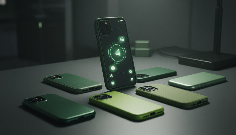 Moderne Smartphone-Hüllen in verschiedenen Materialien und Farben auf einem eleganten Schreibtisch arrangiert