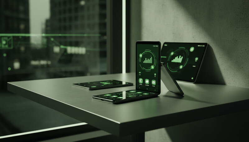 Verschiedene Samsung Smartphones mit unterschiedlichen Band-Systemen in Alltagssituationen