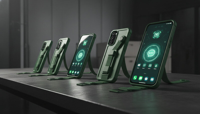 Samsung Galaxy Smartphone in verschiedenen Handyhüllen mit Band-Systemen nebeneinander