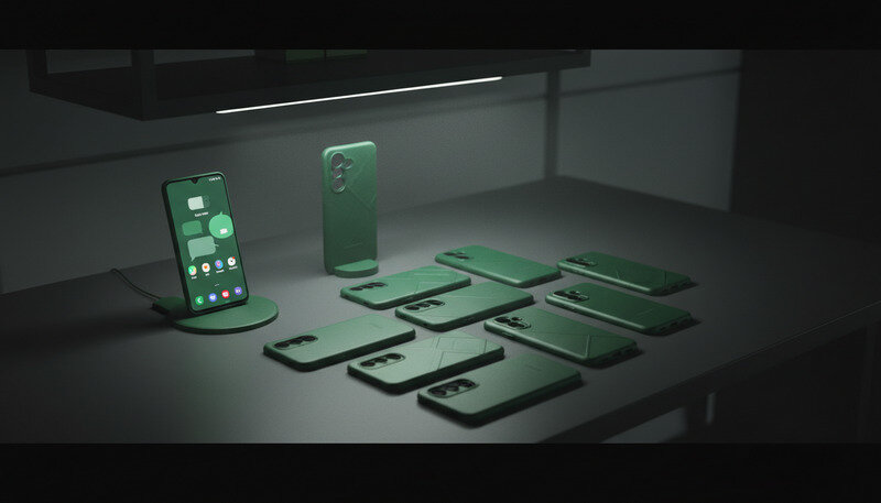 Verschiedene Samsung Smartphone Hüllen auf einem modernen Schreibtisch arrangiert