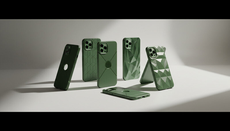 Verschiedene stylische Smartphone-Hüllen in modernen Designs auf einem minimalistischen weißen Hintergrund
