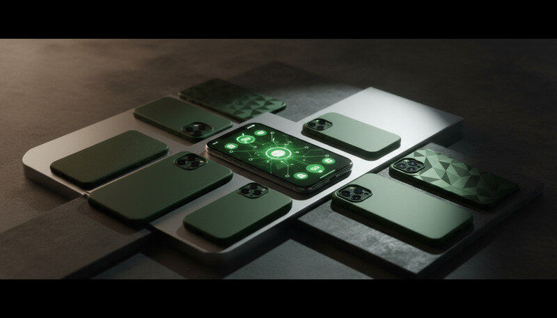 Collage verschiedener Design-Trends bei Smartphone-Hüllen, von minimalistisch bis zu auffälligen Mustern