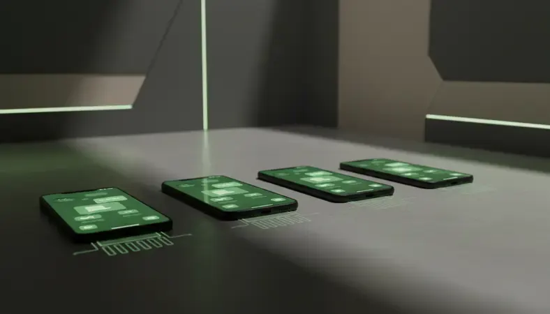 Moderne Smartphones mit verschiedenen Chip-Technologien nebeneinander aufgereiht