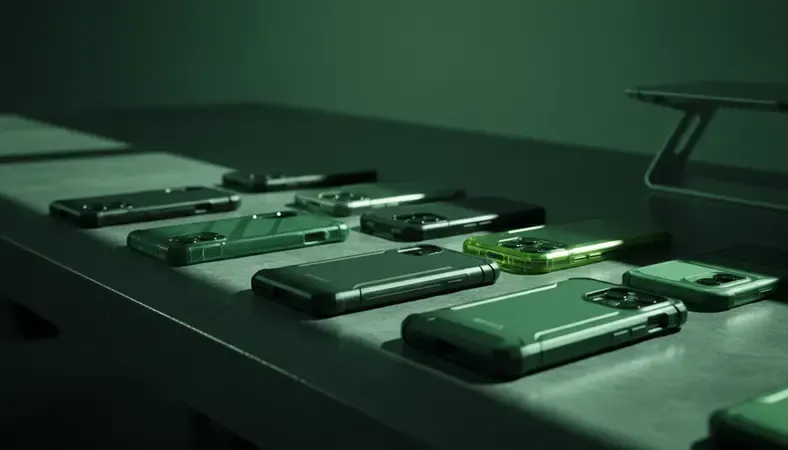 Moderne Handyhüllen laden verschiedener Marken auf einem Schreibtisch angeordnet