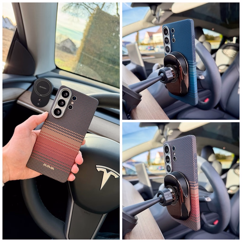 Galaxy S26 Ultra an der MagEZ Autohalterung von pitaka mittels Edge Case magnetfähigkeit.