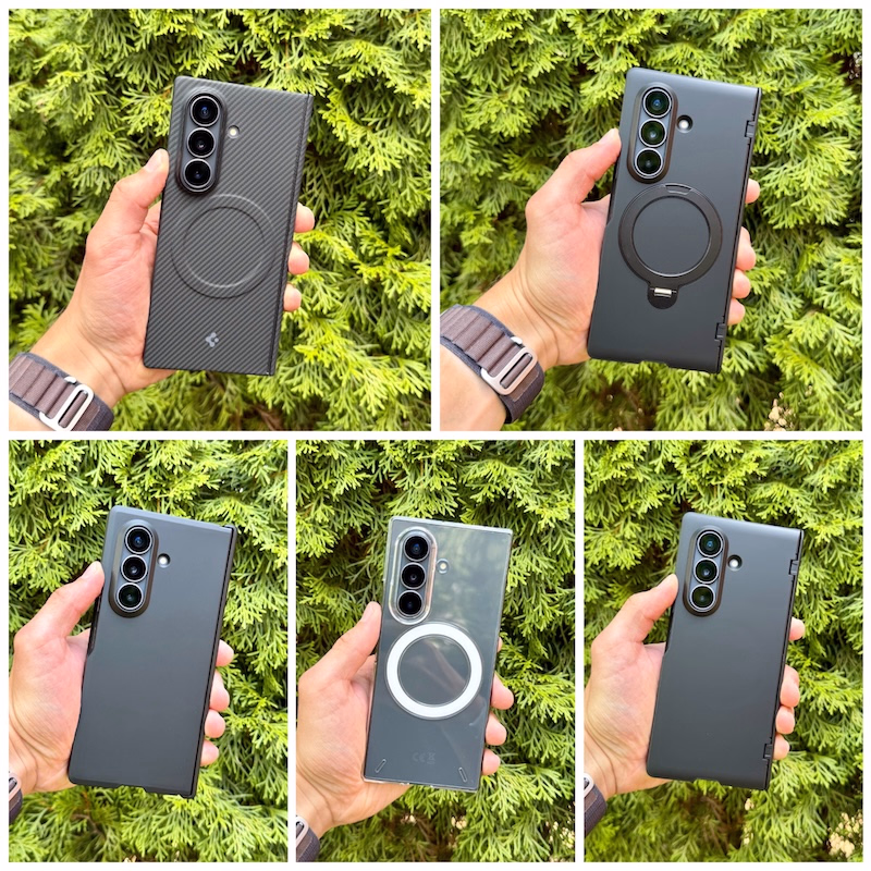 galaxy_fold_8_spigen_hüllen_cases_im_test - smartphonehuellen-test.de Zu sehen sind 5 verschiedene Fotos mit 5 verschiedenen Hüllen und Cases montiert am Galaxy Fold 8 Ultra.