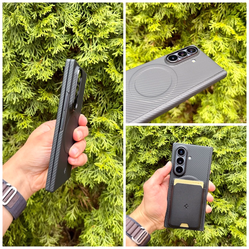 galaxy_fold_8_ultra_spigen_air_skin_aramid_details - smartphonehuellen-test.de Detailaufnahmen des Air Skin Aramid am Galaxy Fold 8 Ultra aus verschiedenen Blickwinkeln sowie mit unterschiedlichem magnetischem Zubehör.