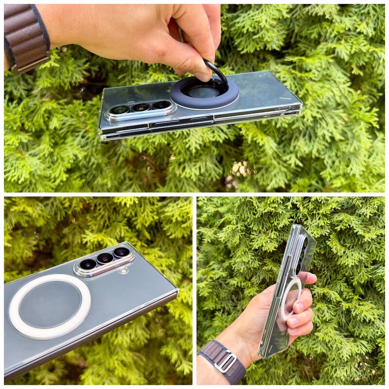 galaxy_fold_8_ultra_spigen_air_skin_details - smartphonehuellen-test.de Detailansichten der Air Skin Hülle von Spigen, Veranschaulichung der Kapazitäten des Magnet-Rings.