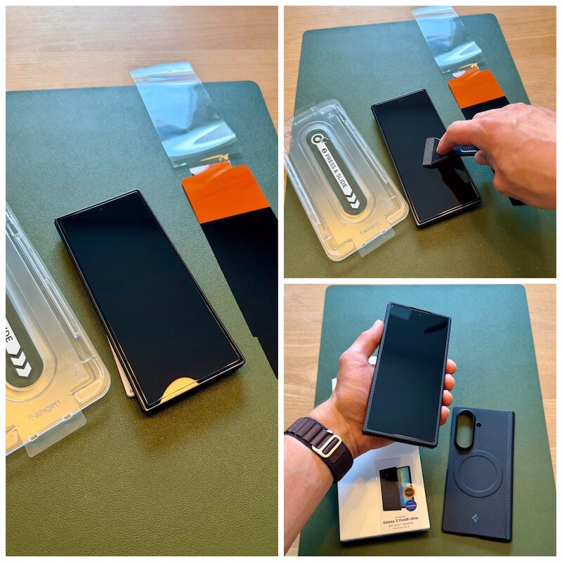 galaxy_fold_8_ultra_spigen_panzerglas_schutzglas_glastr_ezfit_blasen2 - smartphonehuellen-test.de Das linke Foto zeigt das Endergebnis, ein staubfrei angebrachtes Panzerglas. Das Foto rechts oben zeigt wie das Ausstreichen von Blasen mit dem Spatel abläuft. Das Bild rechts unten zeigt, dass eine Hülle am Galaxy Fold 8 Ultra montiert perfekt mit dem Panzerglas zusammenpasst.