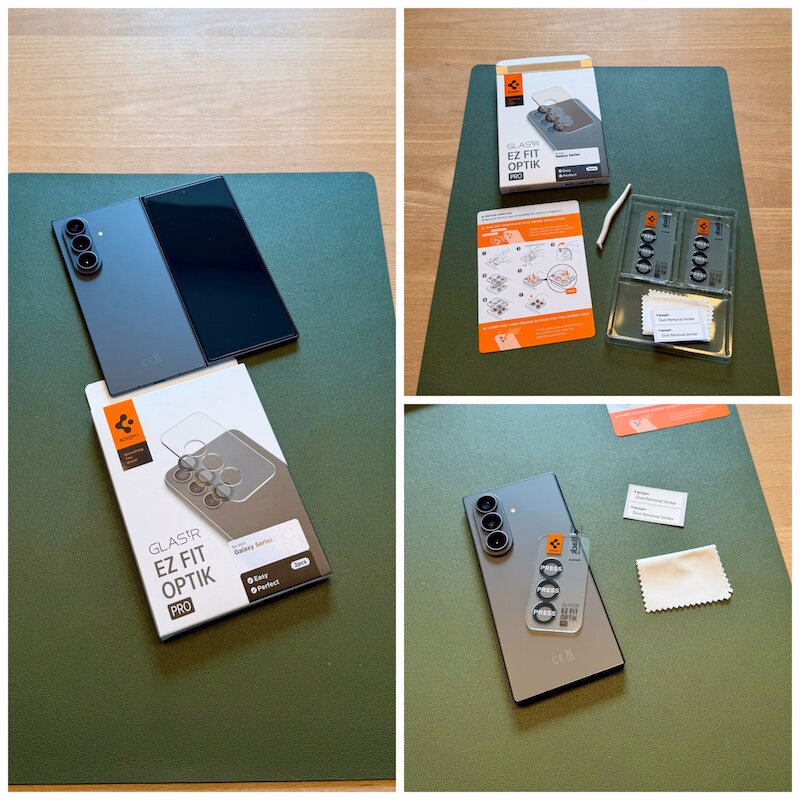 galaxy_fold_8_ultra_spigen_panzerglas_schutzglas_glastr_ezfit_kamera - smartphonehuellen-test.de Collage, die ein Galaxy Fold 8 Ultra mit einem Kameramodul neben einem verpackten EZ Fit Optik Pro-Objektivschutz-Set auf einem grünen Schreibtisch zeigt (Unboxing-Szene).