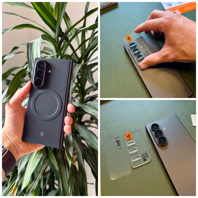 galaxy_fold_8_ultra_spigen_panzerglas_schutzglas_glastr_ezfit_kamera_montage - smartphonehuellen-test.de Eine Hand, die ein Galaxy Fold 8 Ultra hält mit einem montierten Air Skin Aramid Case, neben grünen Pflanzen auf der linken Seite. Auf der rechten Seite wird gezeigt, wie das Schutzglas für die Kamera-Objektive aufgebracht wird.