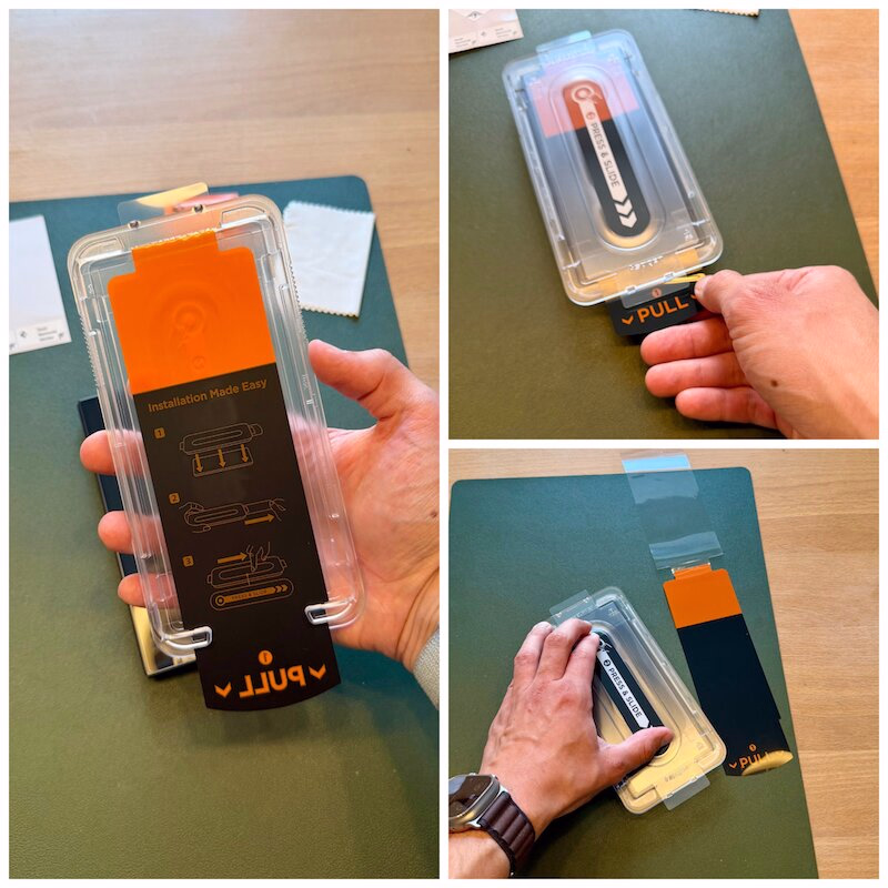 galaxy_fold_8_ultra_spigen_panzerglas_schutzglas_glastr_ezfit_montage - smartphonehuellen-test.de Detailansicht der Anleitung im Montagerahmen des Panzerglases, danach Aufzeigen des Montage-Ablaufs direkt am Galaxy Fold 8 Ultra. Im Bild rechts wird der Pull-Tab abgezogen, im Bild unten links wird das Schutzglas noch ausgestrichen.