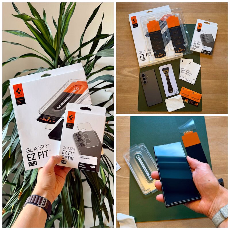 galaxy_fold_8_ultra_spigen_panzerglas_schutzglas_glastr_ezfit_overall - smartphonehuellen-test.de Collage von GLAS.TR EZ FIT PRO-Displayschutzfolien-Sets: Verpackungen, Zubehörpakete und eine Hand, die eine Schutzfolie auf ein Smartphone aufbringt.