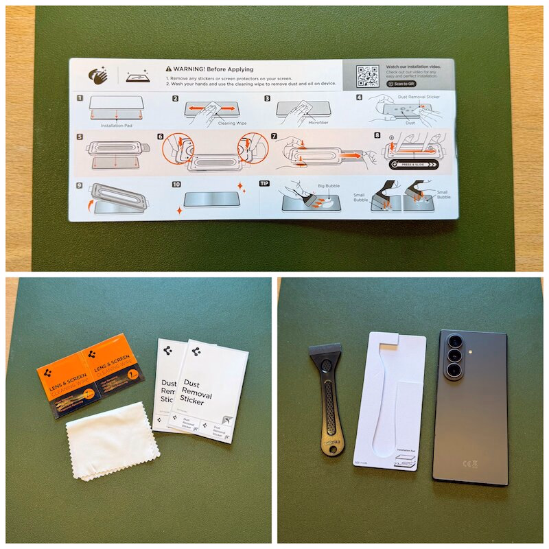 galaxy_fold_8_ultra_spigen_panzerglas_schutzglas_glastr_ezfit_zubehör - smartphonehuellen-test.de Das oberste Foto zeigt eine Karte mit einer Schritt-für-Schritt-Montageanleitung auf grünem Hintergrund mit orangefarbenen Akzenten. In den Fotos darunter der Lieferumfang beim Panzerglas zum Reinigen sowie der Spatel im Foto rechts.