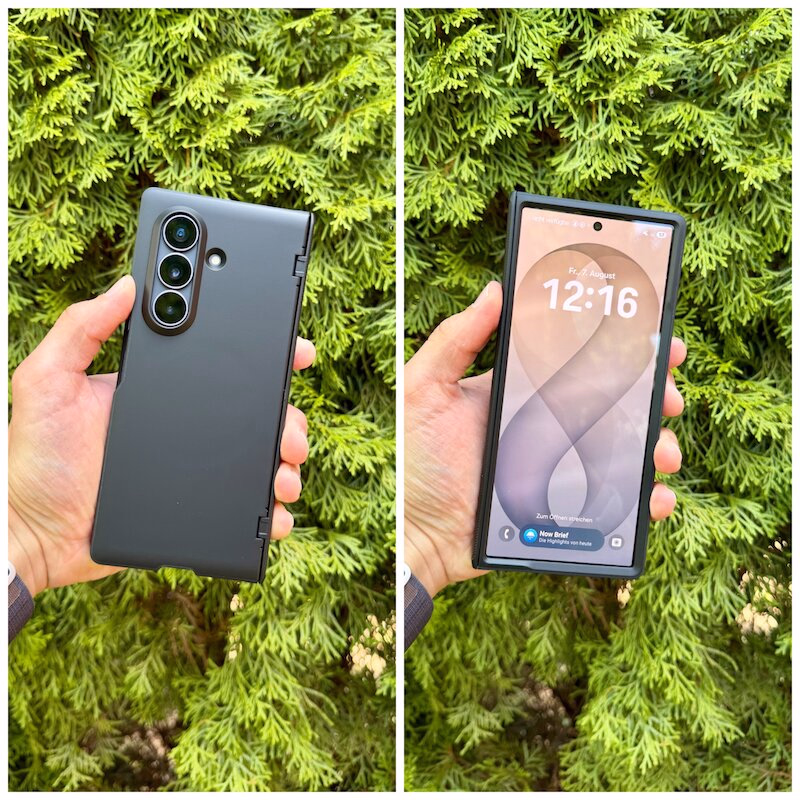 galaxy_fold_8_ultra_spigen_slim_armor_pro - smartphonehuellen-test.de Ansicht der Vorder- und Rückseite des Slim Armor Pro Case montiert am Galaxy Fold 8 Ultra.