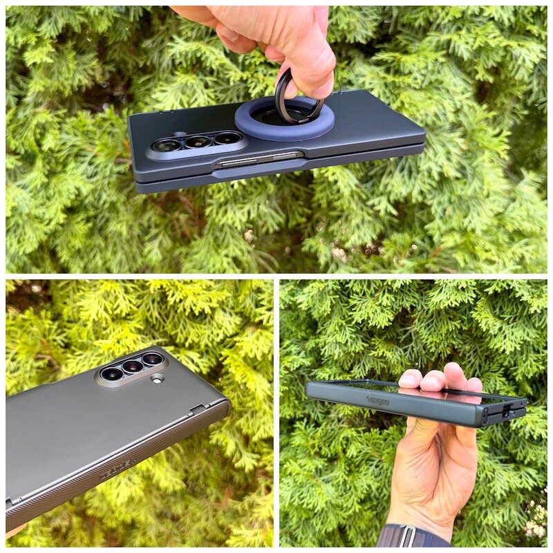 galaxy_fold_8_ultra_spigen_slim_armor_pro_details - smartphonehuellen-test.de Verschiedene Detailaufnahmen der Slim Armor Pro Hülle am Galaxy Fold 8 Ultra. Fokus auf Scharnier-Funktion und magnetische Bauweise.