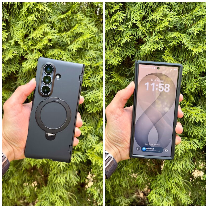 galaxy_fold_8_ultra_spigen_slim_armor_pro_s - smartphonehuellen-test.de Foto der Vorder- und Rückseite der Slim Armor Pro S Hülle montiert am Galaxy Fold 8 Ultra.