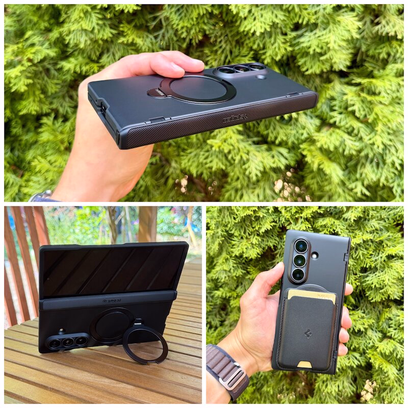 galaxy_fold_8_ultra_spigen_slim_armor_pro_s_details - smartphonehuellen-test.de Detailaufnahme des Slim Armor Pro S Case montiert am Galaxy Fold 8 Ultra mit Darstellung des herausgeklappten Magnet-Ständers.
