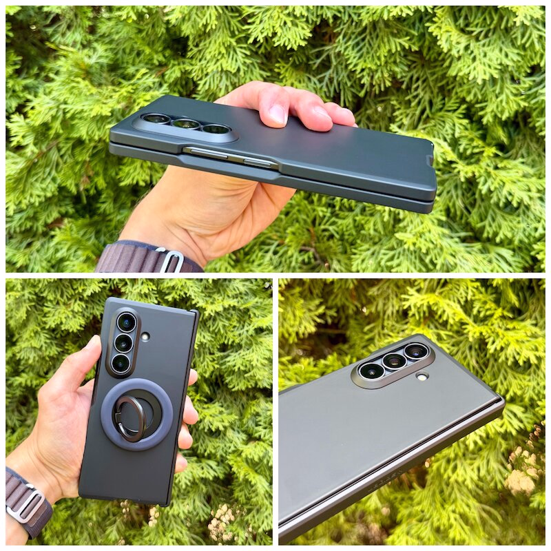 galaxy_fold_8_ultra_spigen_tough_armor_pro_details - smartphonehuellen-test.de Detailaufnahmen der einzelnen Seiten der Tough Armor MagFit Hülle am Galaxy Fold 8 Ultra mit Ansicht des Scharniers und der Tasten.