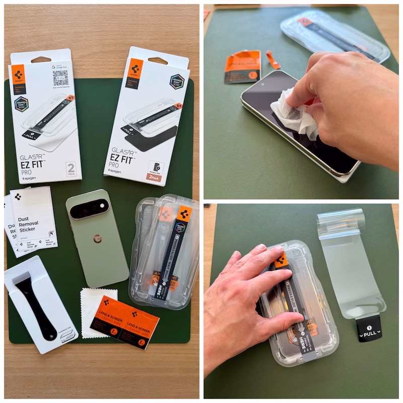 Darstellung des Lieferumfangs bei einem Spigen GlastR EZ Fit Panzerglas für das Pixel 11 Pro sowie Zeigen von Montageschritten.