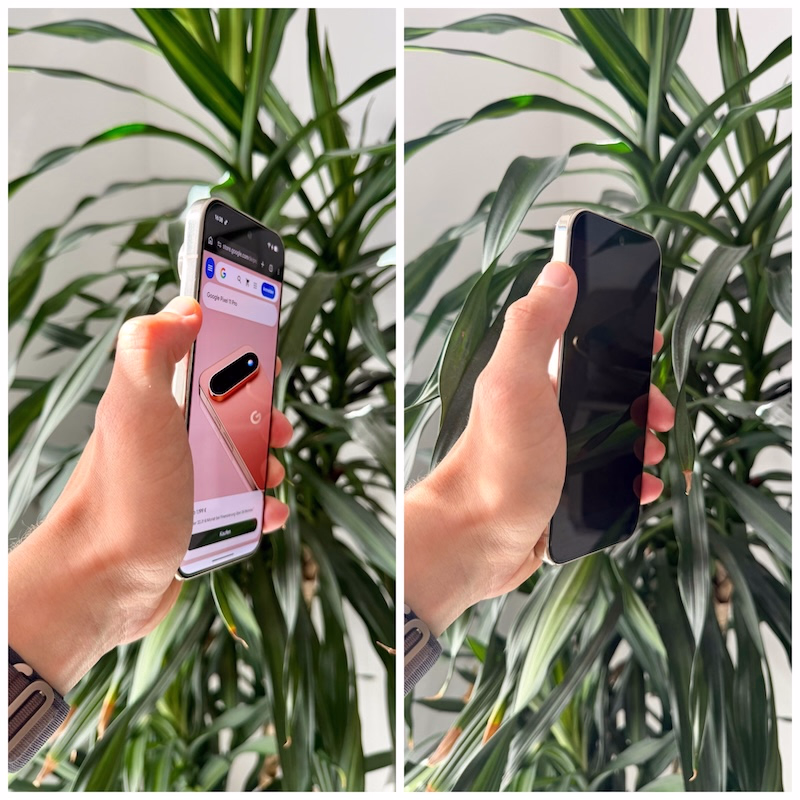 Direktvergleich Clear- vs. Privacy-Panzerglas am Google Pixel 11 Pro.