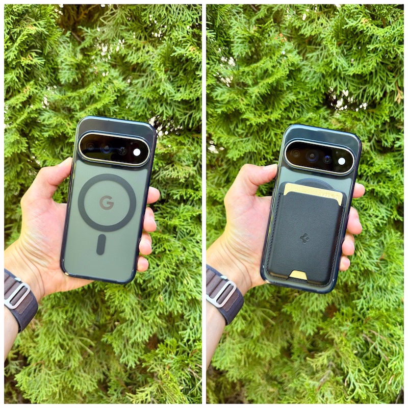 Ultra Hybrid Frosted Hülle Nahaufnahme am google Pixel 11 Pro im linken Foto. Rechts mit angebrachten Wallet.