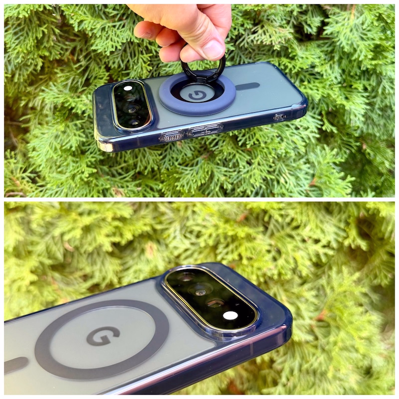 Darstellung des magentischen Nano Pop Popsockets von Spigen am Google Pixel 11 Pro sowie Nahaufnahme des Kamera-Ausschnitts.