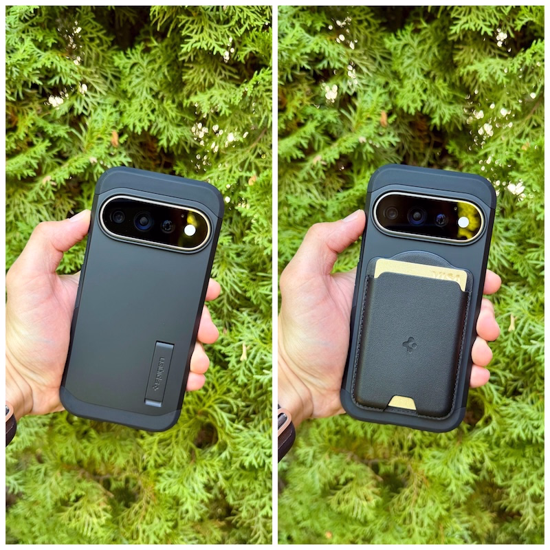 Detailaufnahme Google Pixel 11 Pro mit Tough Armor Hülle sowie magnetischem Wallet