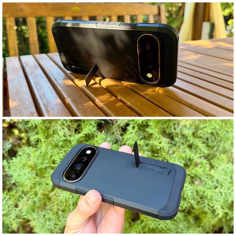 Darstellung des ausgeklappten Kickstands einer Tough Armor Hülle am Google Pixel 11 Pro auf einem Gartentisch.