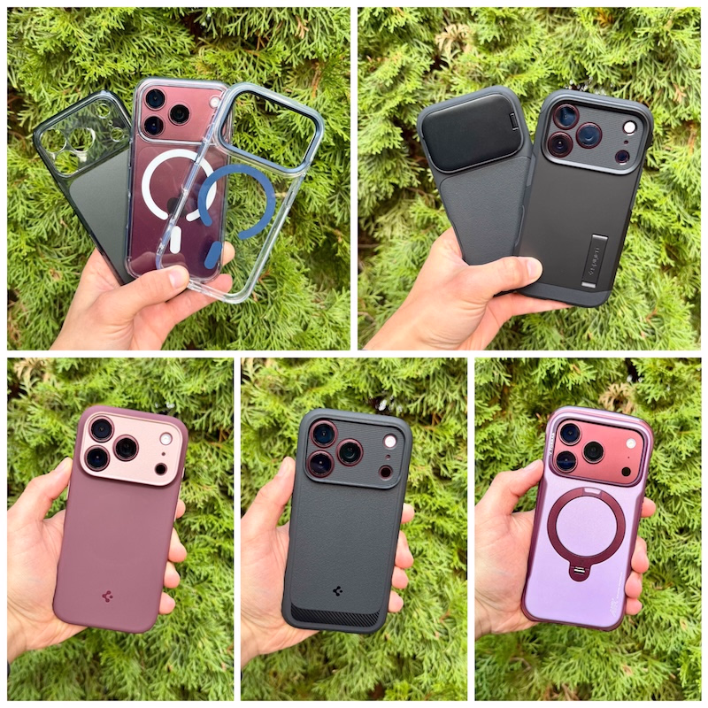 Darstellung der verschiedenen am iPhone 18 Pro getesteten Hüllen in einer Collage. Hintergrund ein jeweils ein grüner Baum, um den Kontrast zu stärken. Die sichtbaren Hüllen und Cases stammen von den Herstellern spigen, Torras und pitaka.
