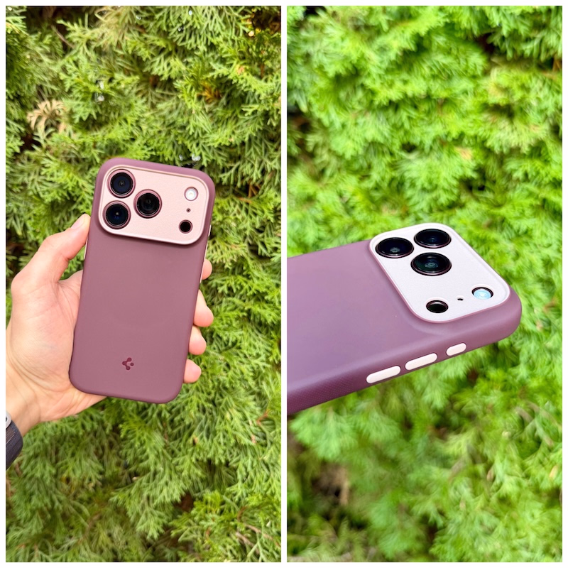 Darstellung der NanoPop MagFit Hülle von Spigen montiert am iPhone 18 Pro in Burgundy in verschiedenen Blickwinkeln im Direktvergleich.