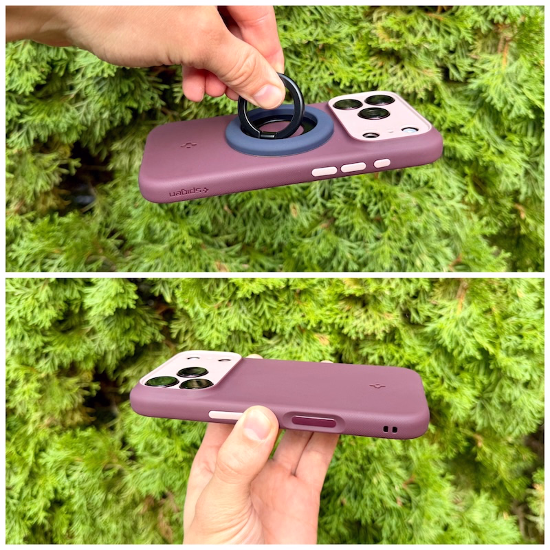 Darstellung der NanoPop MagFit Hülle von Spigen montiert am iPhone 18 Pro in Burgundy in verschiedenen Blickwinkeln im Direktvergleich, im oberen Foto ist ein magnetischer NanoPop Pop Socket angebracht.