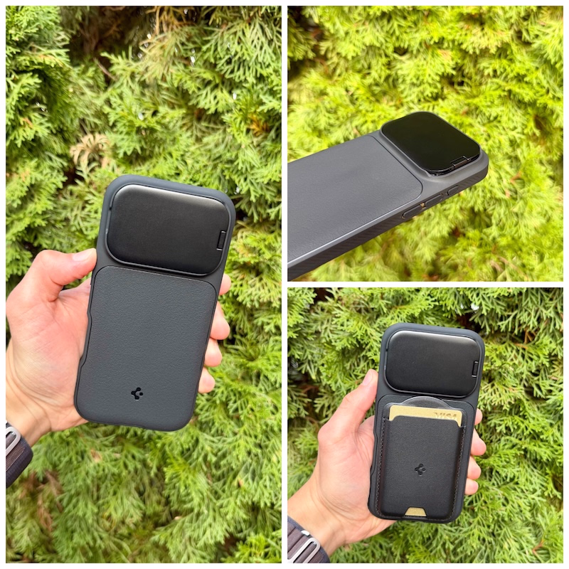 Darstellung der Optik Armor MagFit Hülle montiert am iPhone 18 Pro in Burgundy in verschiedenen Blickwinkeln. Besonders gut zu sehen die Klappe aus Aluminium, die den Schutz der Kamera-Linsen ermöglicht.