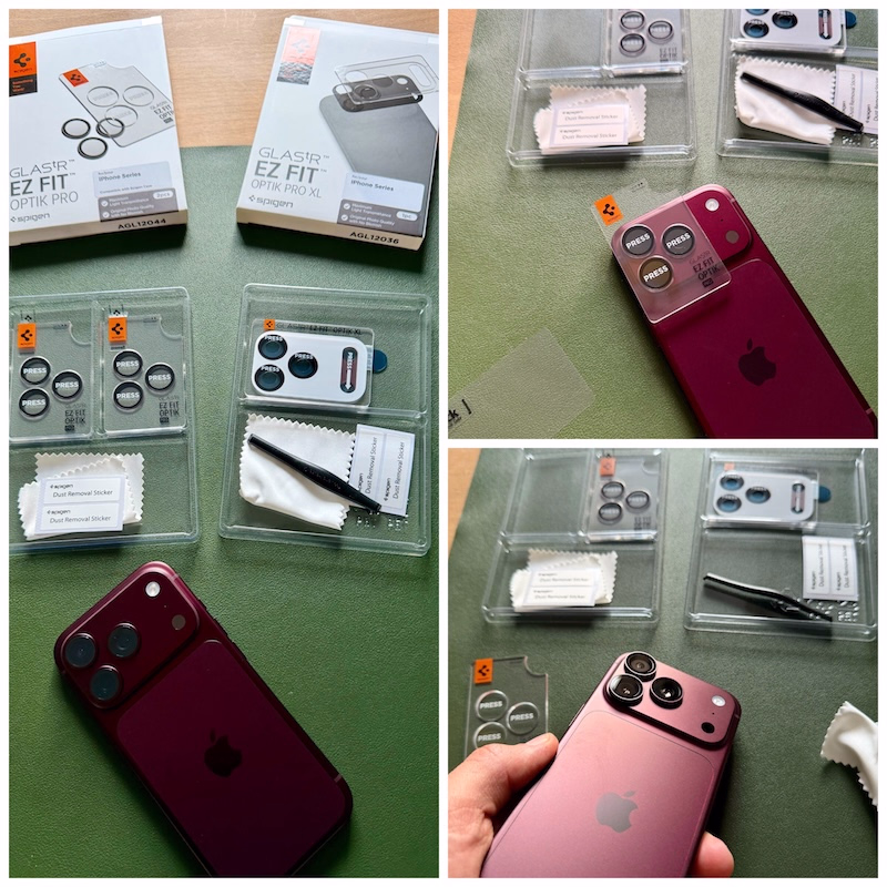 iphone_18_pro_spigen_panzerglas_kamera - smartphonehuellen-test.de Darstellung der Unterschiede des Kamera-Schutzglases EZ Fit Optik Pro und Optik Pro XL von Spigen am iPhone 18 Pro.