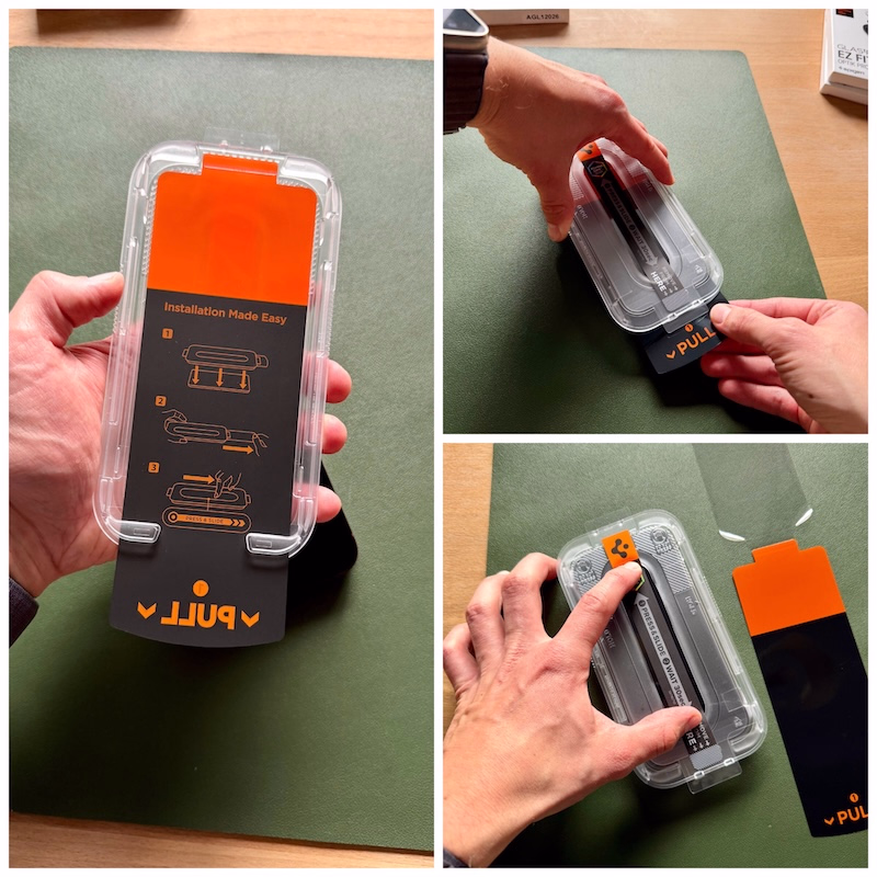 iphone_18_pro_spigen_panzerglas_montage - smartphonehuellen-test.de Im Bild Links Anleitung zur Anbringung des Montagerahmen des EZ Fit Pro Panzerglases am iPhone 18 Pro. Im Bild rechts oben Abziehen des Pull-Tabs im Montagerahmen während der Montage. Im Bild rechts unten Glattstreichen der Folie zum Ausstreichen von Blasen am iPhone.