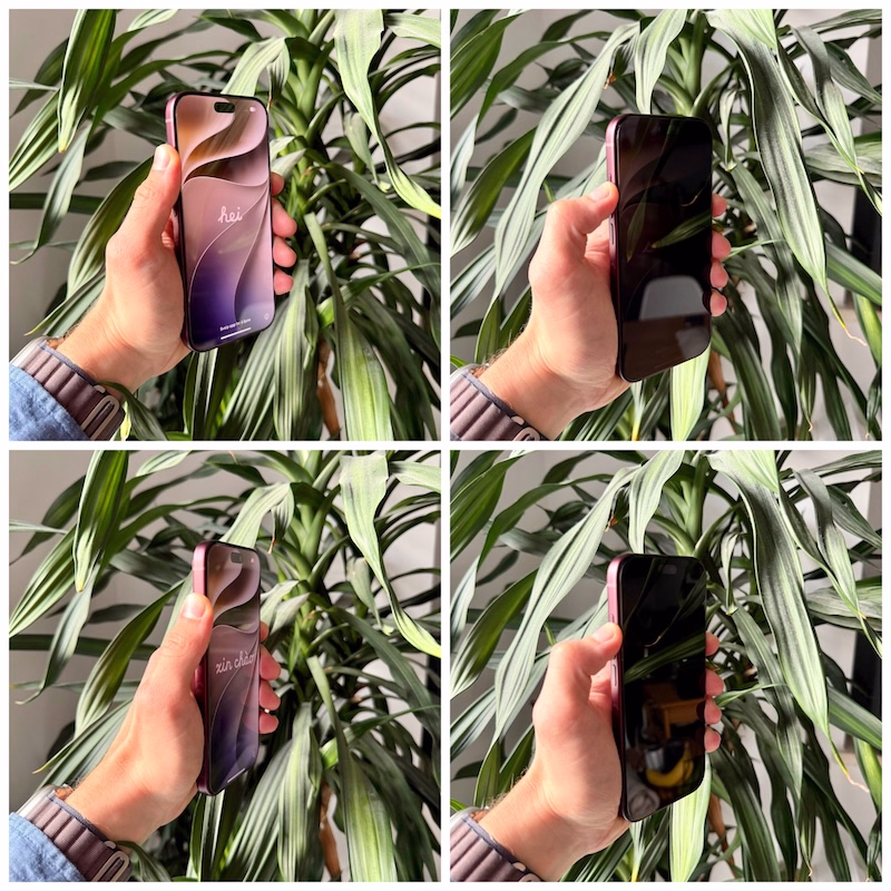 iphone_18_pro_spigen_privacy_panzerglas - smartphonehuellen-test.de Gegenüberstellung der Blickwinkelstabilität bei einem transparenten Panzerglas in den linken beiden Fotos im Vergleich zu einem Privacy Panzerglas von spigen am iPhone 18 Pro.