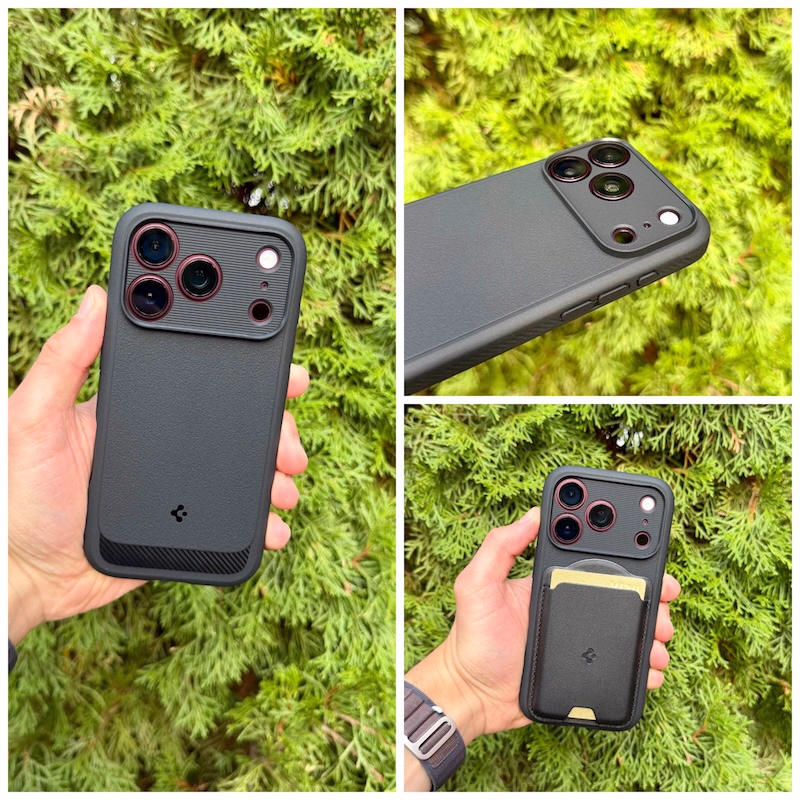 Darstellung der Rugged Armor Hülle montiert am iPhone 18 Pro in Burgundy in verschiedenen Blickwinkeln.