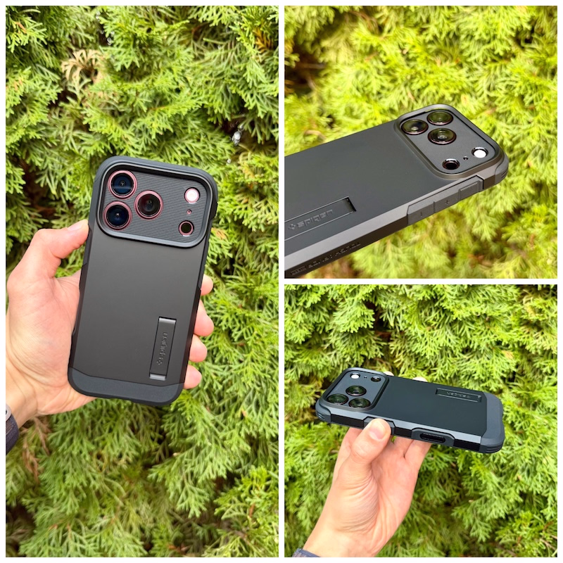 Darstellung der Tough Armor MagFit Hüllen montiert am iPhone 18 Pro in Burgundy in verschiedenen Blickwinkeln.