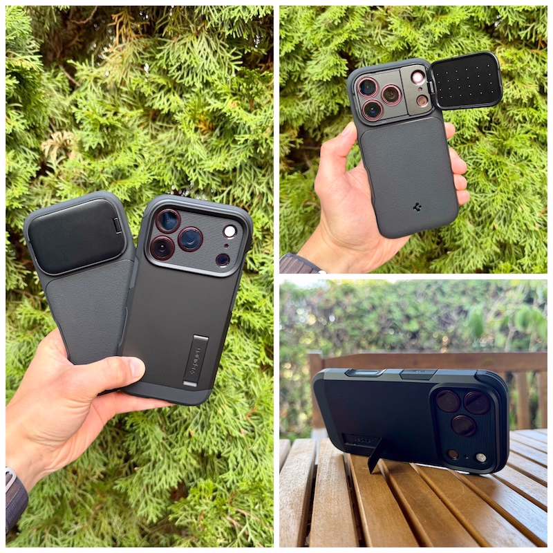 Darstellung der Tough Armor MagFit und Optik Armor MagFit Hüllen montiert am iPhone 18 Pro in Burgundy in verschiedenen Blickwinkeln im Direktvergleich.