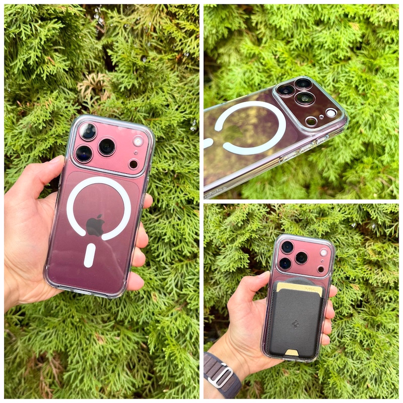 Darstellung der Ultra Hybrid Hülle montiert am iPhone 18 Pro in Burgundy in verschiedenen Blickwinkeln.