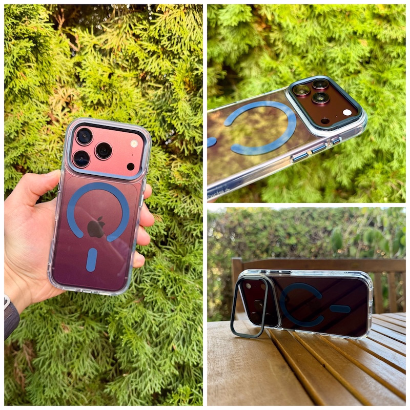 Darstellung der Ultra Hybrid Optik S Hülle montiert am iPhone 18 Pro in Burgundy in verschiedenen Blickwinkeln.