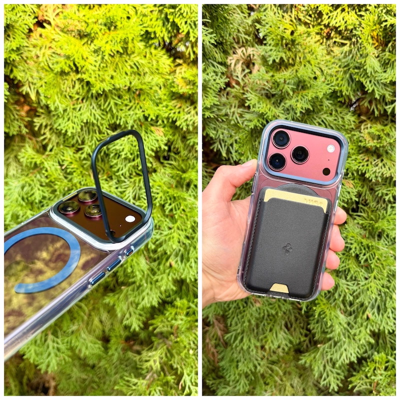 Detailaufnahme der Ultra Hybrid Optik S Hülle montiert am iPhone 18 Pro in Burgundy in verschiedenen Blickwinkeln.