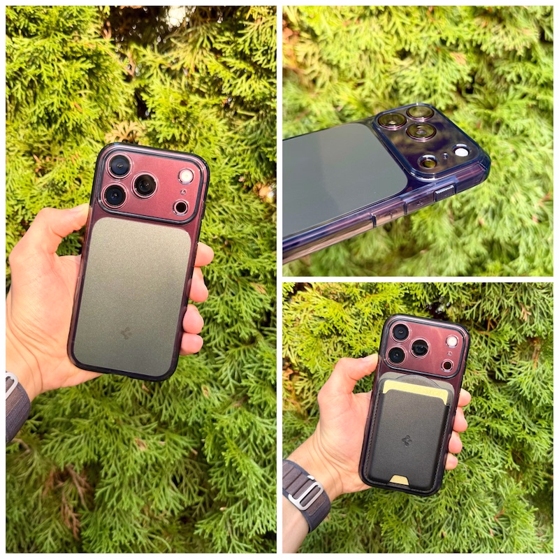 Darstellung der Ultra Hybrid T MagFit Hülle montiert am iPhone 18 Pro in Burgundy in verschiedenen Blickwinkeln.